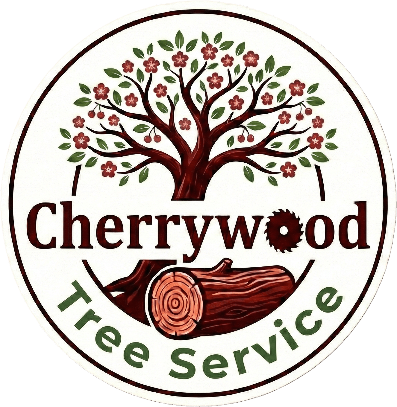 Cherrywood Tree Service logo featuring a blooming cherry tree, circular saw blade icon, and cut log.