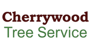 Cherrywood Tree Service logo with red and green text on a transparent background.